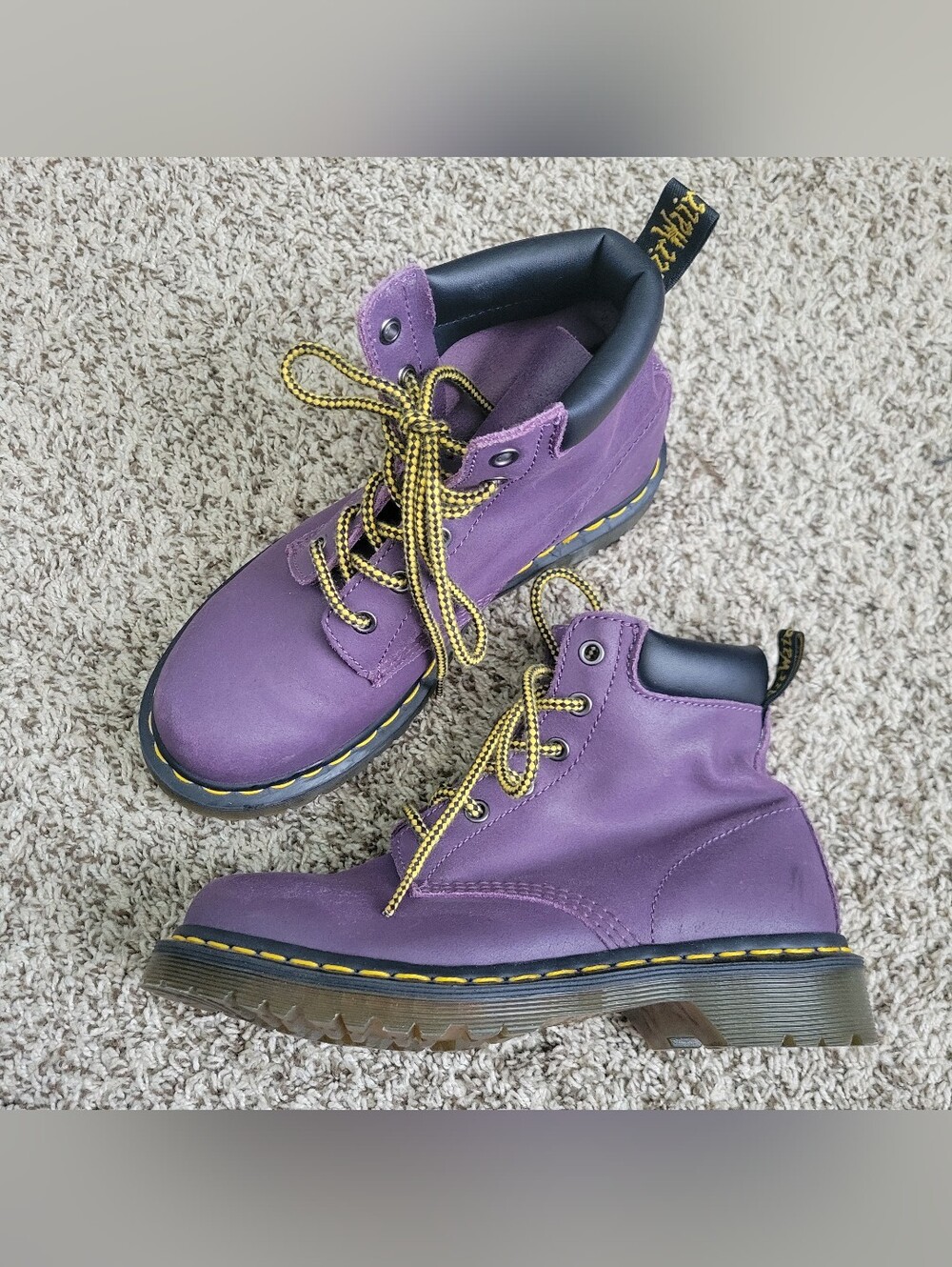 Dr. Martens 939 Purple Greasy Suede Boots Shoes Yellow Black 6 Eye Lace Up 7